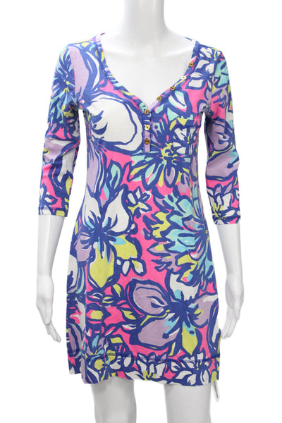 Lilly Pulitzer Womens T-Shirt Dress Floral Multi Cotton 3/4 Sleeve Size S