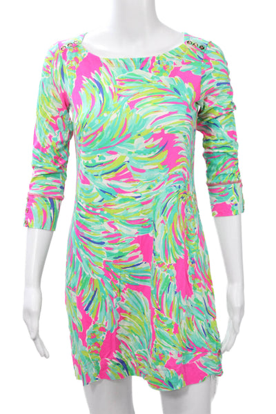 Lilly Pulitzer Womens Shift Dress Green Floral 3/4 Sleeve Knee Length Size S