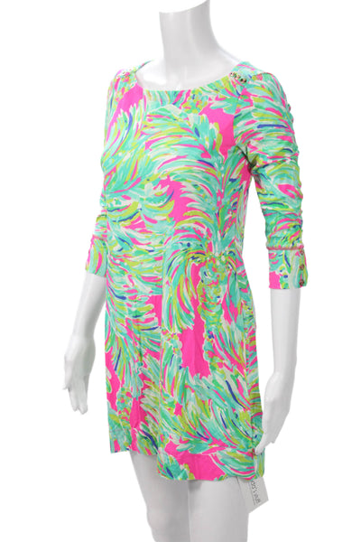 Lilly Pulitzer Womens Shift Dress Green Floral 3/4 Sleeve Knee Length Size S