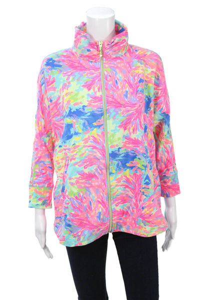 Lilly Pulitzer Women Windbreaker Blue Floral High Neck 3/4 Sleeve Size S