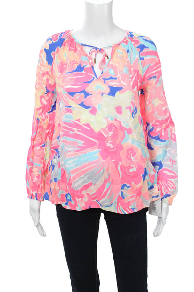 Lilly Pulitzer Womens Tunic Blouse Blue Floral Rayon Longsleeve Size S