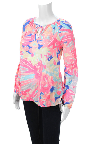 Lilly Pulitzer Womens Tunic Blouse Blue Floral Rayon Longsleeve Size S