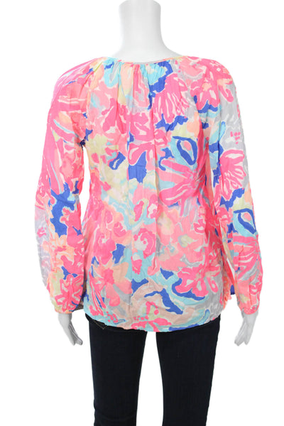 Lilly Pulitzer Womens Tunic Blouse Blue Floral Rayon Longsleeve Size S