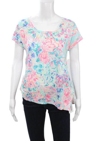 Lilly Pulitzer Womens Floral Linen T-Shirt Light Blue Short Sleeve Size S