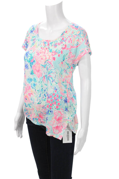 Lilly Pulitzer Womens Floral Linen T-Shirt Light Blue Short Sleeve Size S