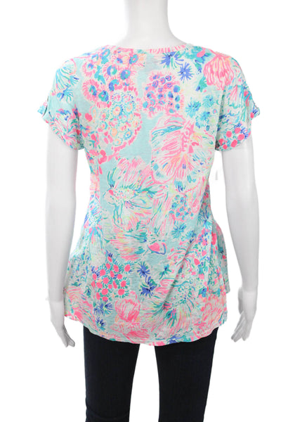 Lilly Pulitzer Womens Floral Linen T-Shirt Light Blue Short Sleeve Size S
