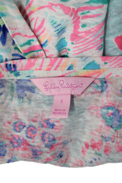 Lilly Pulitzer Womens Floral Linen T-Shirt Light Blue Short Sleeve Size S