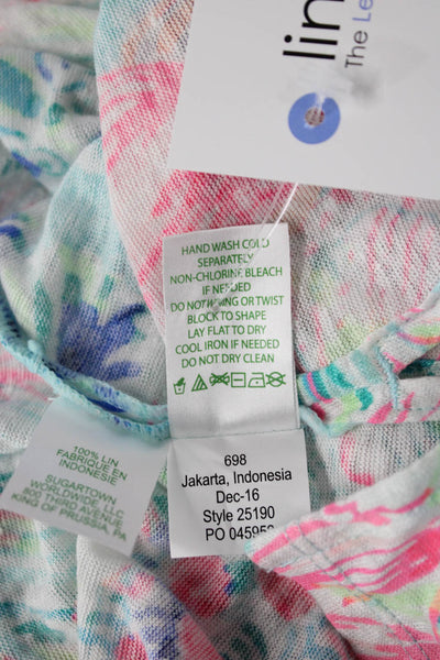 Lilly Pulitzer Womens Floral Linen T-Shirt Light Blue Short Sleeve Size S