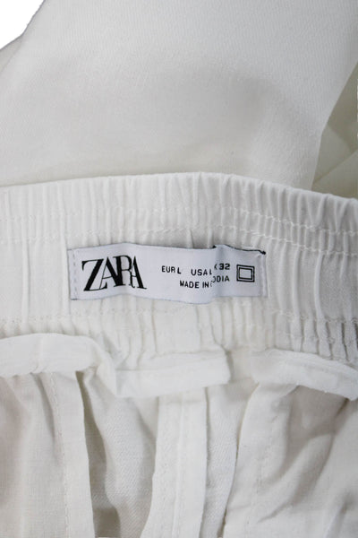 Zara Mens Ankle Cropped Pants White Drawstring Cotton Linen Size L
