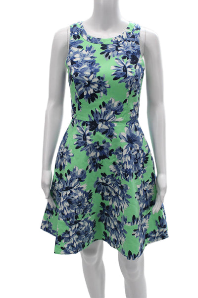 J Crew Women Blue Floral A-Line Fit Flare Dress Sleeveless Round Neck Size 0