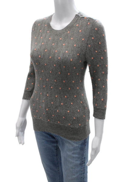J Crew Women Pullover Cashmere Herringbone Crewneck 3/4 Sleeve Button Size S