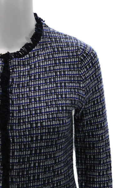 J Crew Women Blazer Dark Blue Checked Wool Crew Neck Long Sleeve Size XS