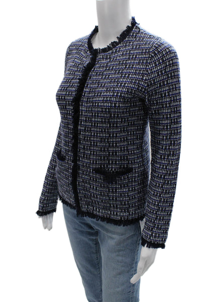 J Crew Women Blazer Dark Blue Checked Wool Crew Neck Long Sleeve Size XS