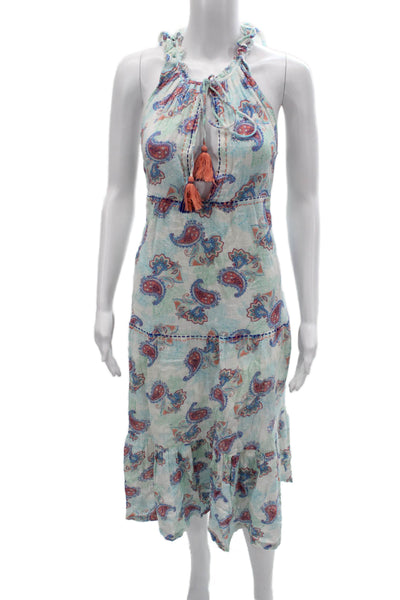 Amita Naithani Womens Maxi Sundress Light Blue Linen Paisley Sleeveless Size XS