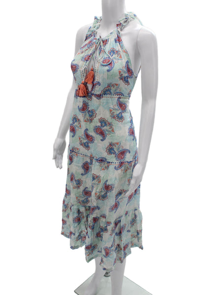 Amita Naithani Womens Maxi Sundress Light Blue Linen Paisley Sleeveless Size XS