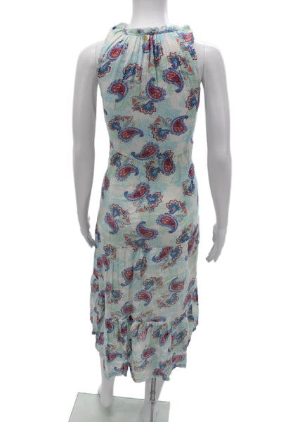 Amita Naithani Womens Maxi Sundress Light Blue Linen Paisley Sleeveless Size XS