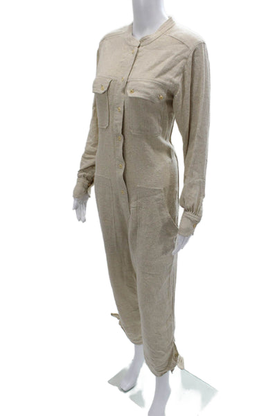 Isabel Marant Women Collared Long Sleeve Silk Jumpsuit Beige Size 34