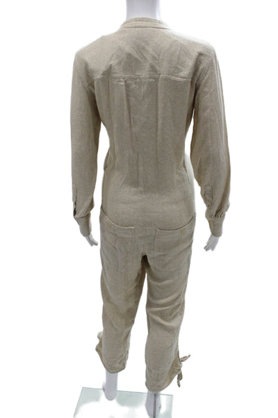 Isabel Marant Women Collared Long Sleeve Silk Jumpsuit Beige Size 34