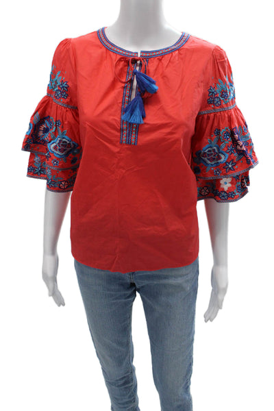 Parker Womens Bohemian Floral Red Tie Neck Short Sleeve Cotton Blouse Size S