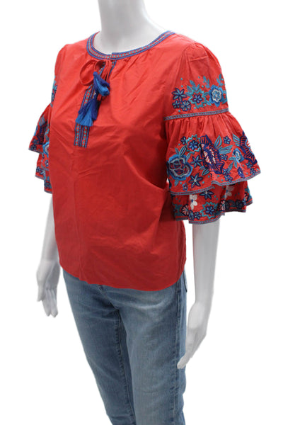 Parker Womens Bohemian Floral Red Tie Neck Short Sleeve Cotton Blouse Size S