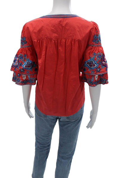 Parker Womens Bohemian Floral Red Tie Neck Short Sleeve Cotton Blouse Size S