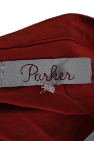 Parker Womens Bohemian Floral Red Tie Neck Short Sleeve Cotton Blouse Size S
