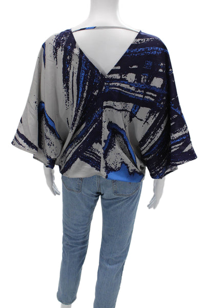 Ra Mona La Rue Womens Kimono Blouse Dark Blue Silk Blend V-Neck Size XS