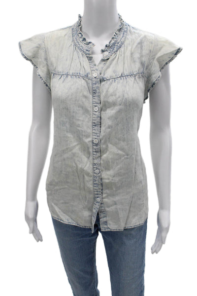 Rails Womens Light Blue Short Sleeve Button Up Blouse Linen Blend Petite Size S