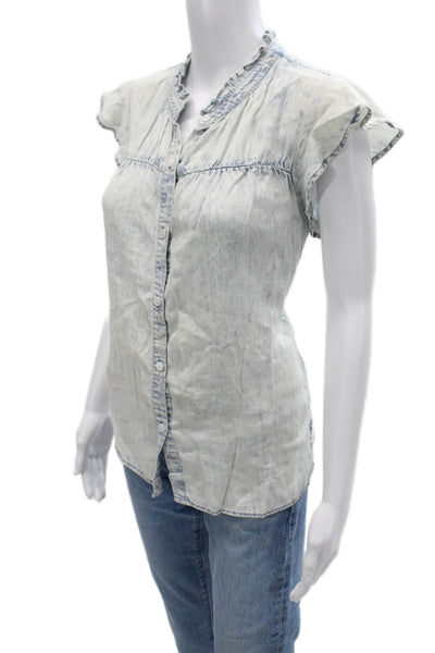 Rails Womens Light Blue Short Sleeve Button Up Blouse Linen Blend Petite Size S