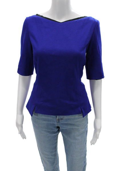 Elie Tahari Womens Designer Blue Silk Zip 3/4 Sleeve Solid Blouse Size M