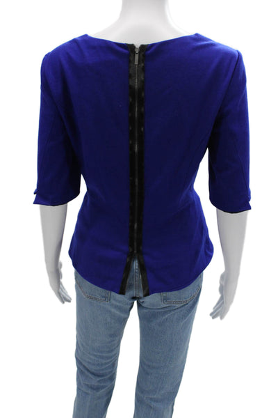 Elie Tahari Womens Designer Blue Silk Zip 3/4 Sleeve Solid Blouse Size M