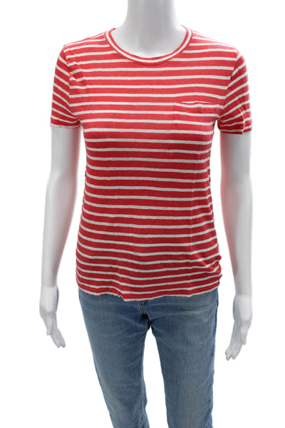 J Crew Women Basic Red Striped Linen T-Shirt Short Sleeve Size S