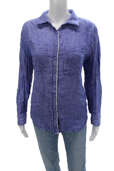 Joie Womens Basic Linen Button-Up Top Blue Collared Long Sleeve Size S