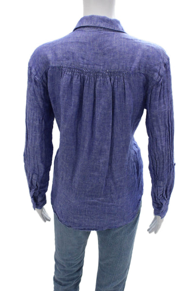 Joie Womens Basic Linen Button-Up Top Blue Collared Long Sleeve Size S