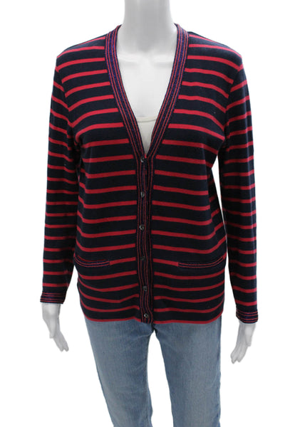 J Crew Unisex Cardigan Dark Blue V Neck Striped Long Sleeve Size S