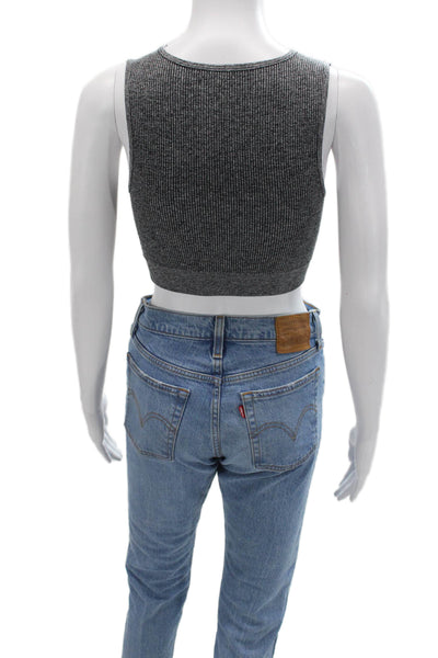Spiritual Gangster Women Cropped Striped V-Neck Sleeveless Tank Dark Gray Size M
