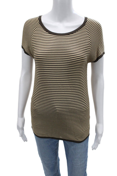 Giorgio Armani Women Striped Beige Silk T Shirt Short Sleeve Size 44