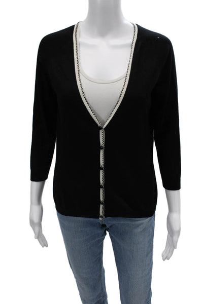 Escada Unisex Cardigan Black V Neck 3/4 Sleeve Silk Cashmere Size 36