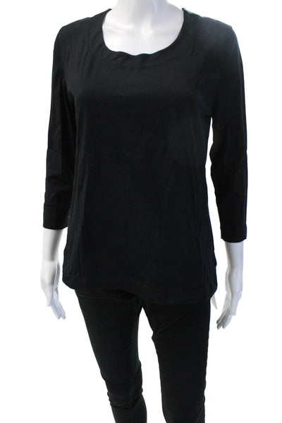 Akris Punto Women Basic T-Shirt Black 3/4 Sleeve Round Neck Cotton Size S