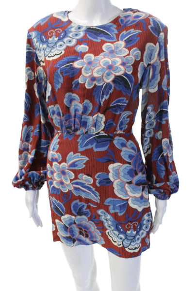 Rhode Womens Blue Floral Mini Shift Dress Long Sleeve Round Neck Size 2