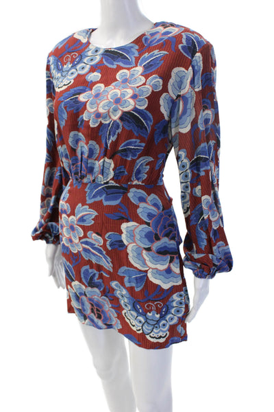 Rhode Womens Blue Floral Mini Shift Dress Long Sleeve Round Neck Size 2