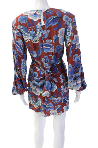 Rhode Womens Blue Floral Mini Shift Dress Long Sleeve Round Neck Size 2