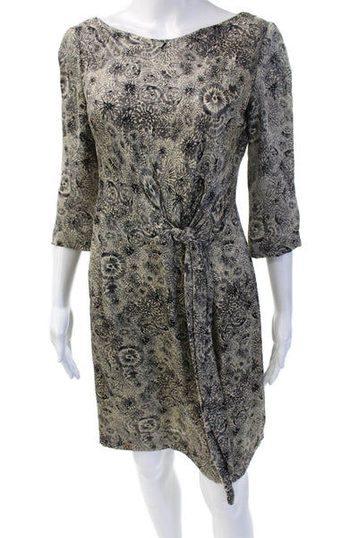 Hoss Intropia Womens Sheath Dress Beige Silk Floral 3/4 Sleeve Mini Size 40