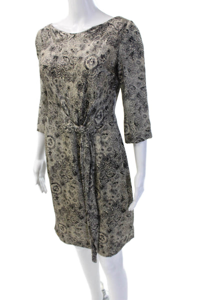 Hoss Intropia Womens Sheath Dress Beige Silk Floral 3/4 Sleeve Mini Size 40