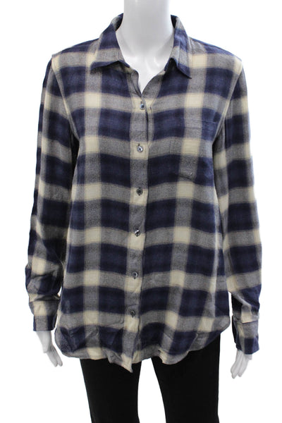 Theory Women Dark Blue Plaid Collared Button-Up Long Sleeve Petite Size S