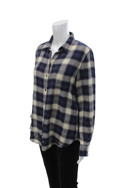 Theory Women Dark Blue Plaid Collared Button-Up Long Sleeve Petite Size S