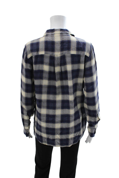 Theory Women Dark Blue Plaid Collared Button-Up Long Sleeve Petite Size S