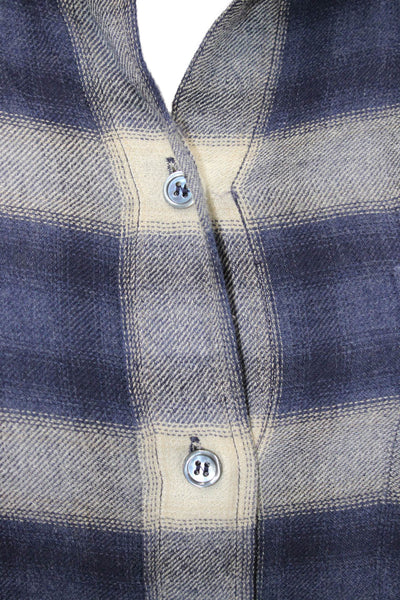 Theory Women Dark Blue Plaid Collared Button-Up Long Sleeve Petite Size S