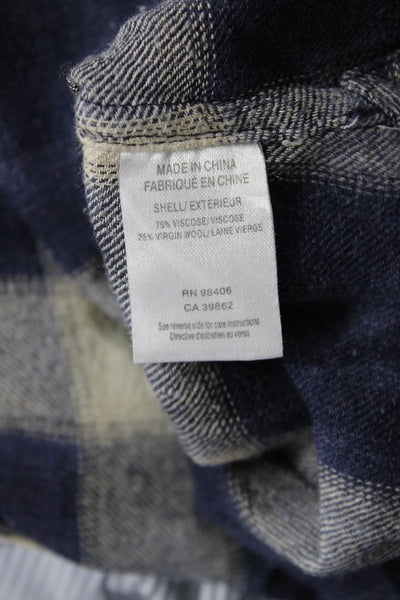 Theory Women Dark Blue Plaid Collared Button-Up Long Sleeve Petite Size S