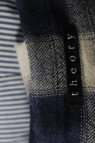 Theory Women Dark Blue Plaid Collared Button-Up Long Sleeve Petite Size S